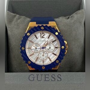 GUESS  Blue and Gold Chronograph Watch with Blue Silicone Strap NEW IN BOX